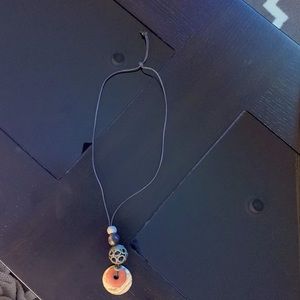 Black leather cord necklace with stone and beads